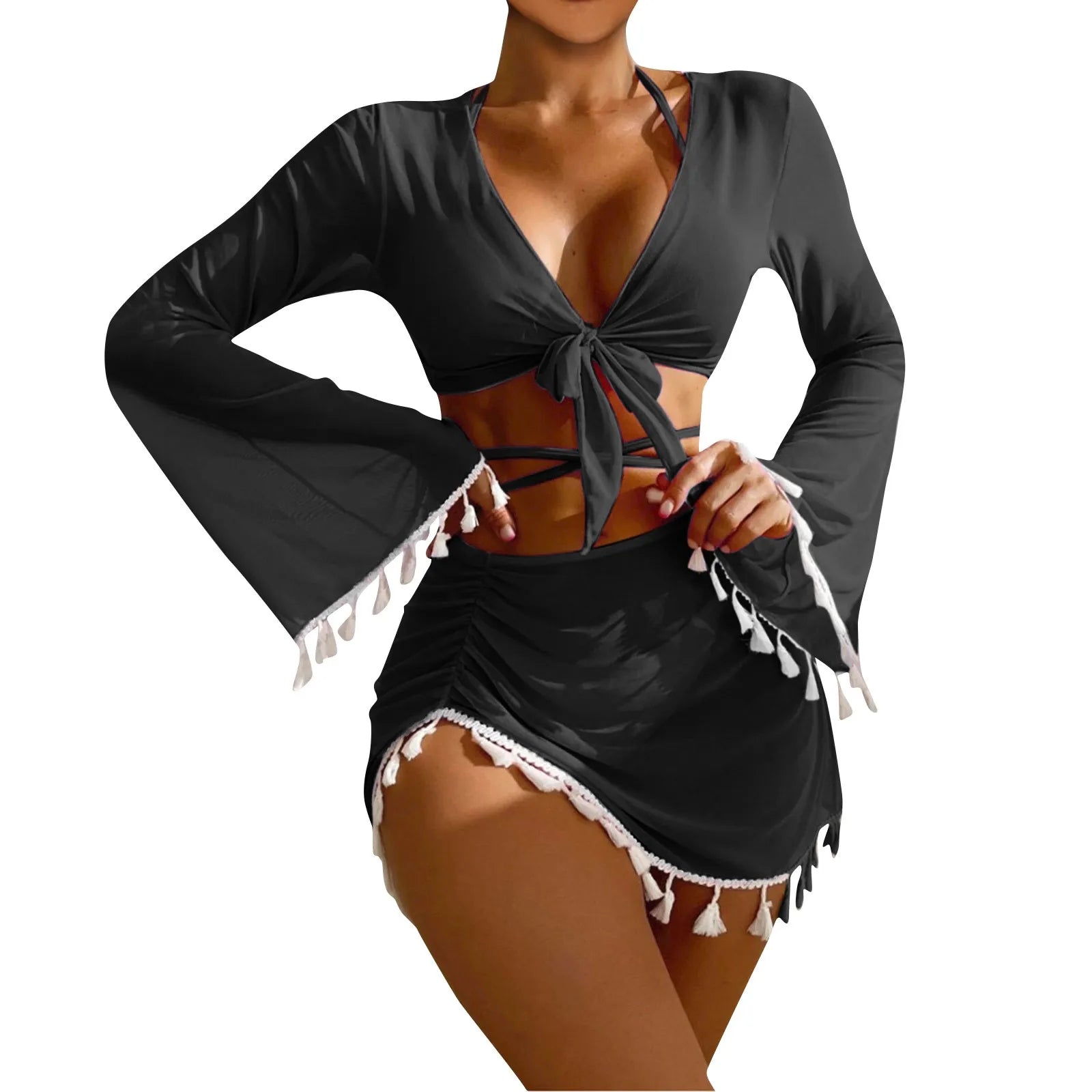 Solid Color Sexy Fashion Slim Fitting Beach Swimwear For Lady Split Lightweight Strap High Waist Pleated Cover-up Four-Piece Set Oasis Select