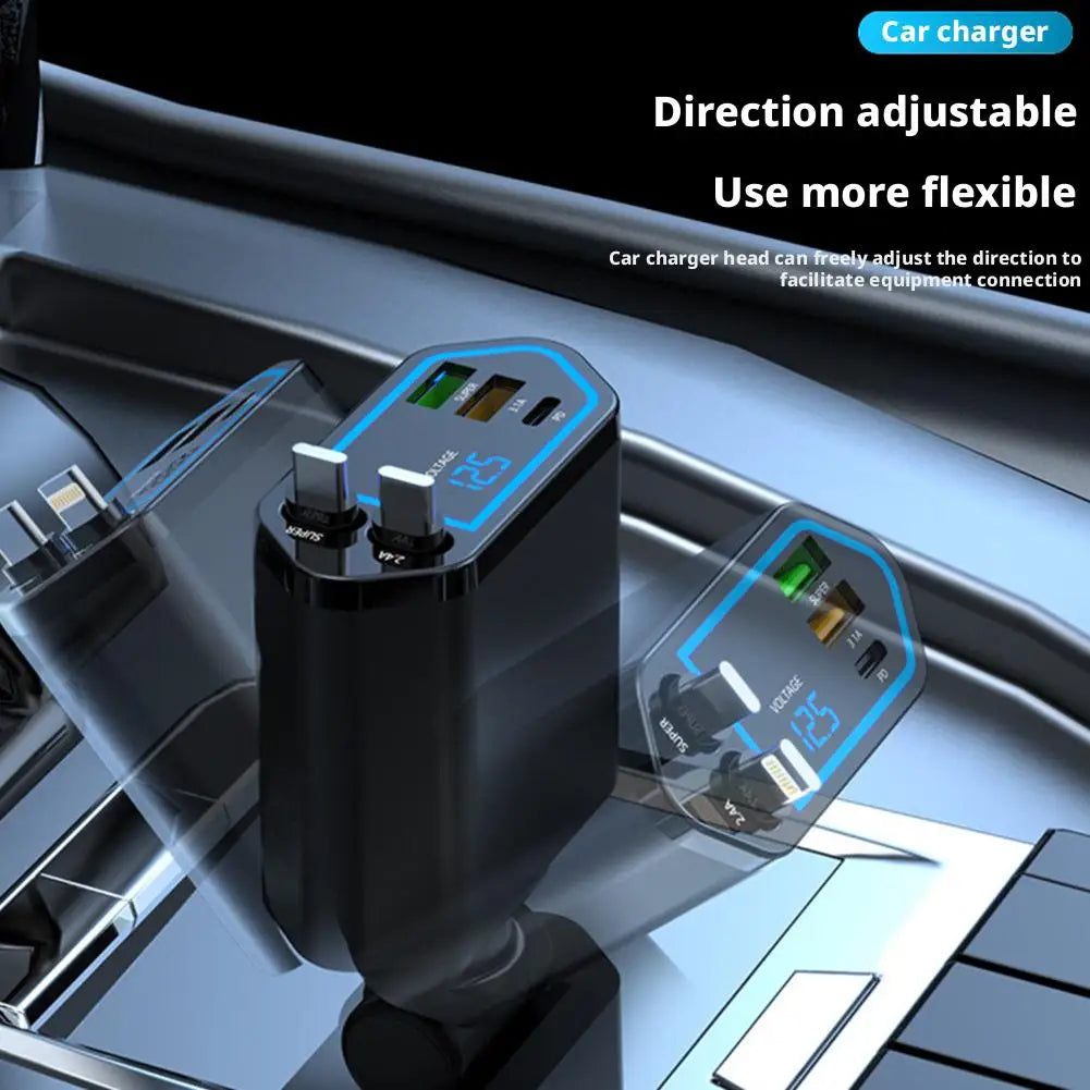 120W 4-in-1 Fast Car Charger – Retractable Cable & 2 USB Ports Car Charger Adapter Oasis Select