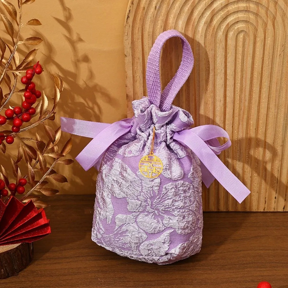 Chinese Style Embossed Flower Drawstring Candy Gift Bag