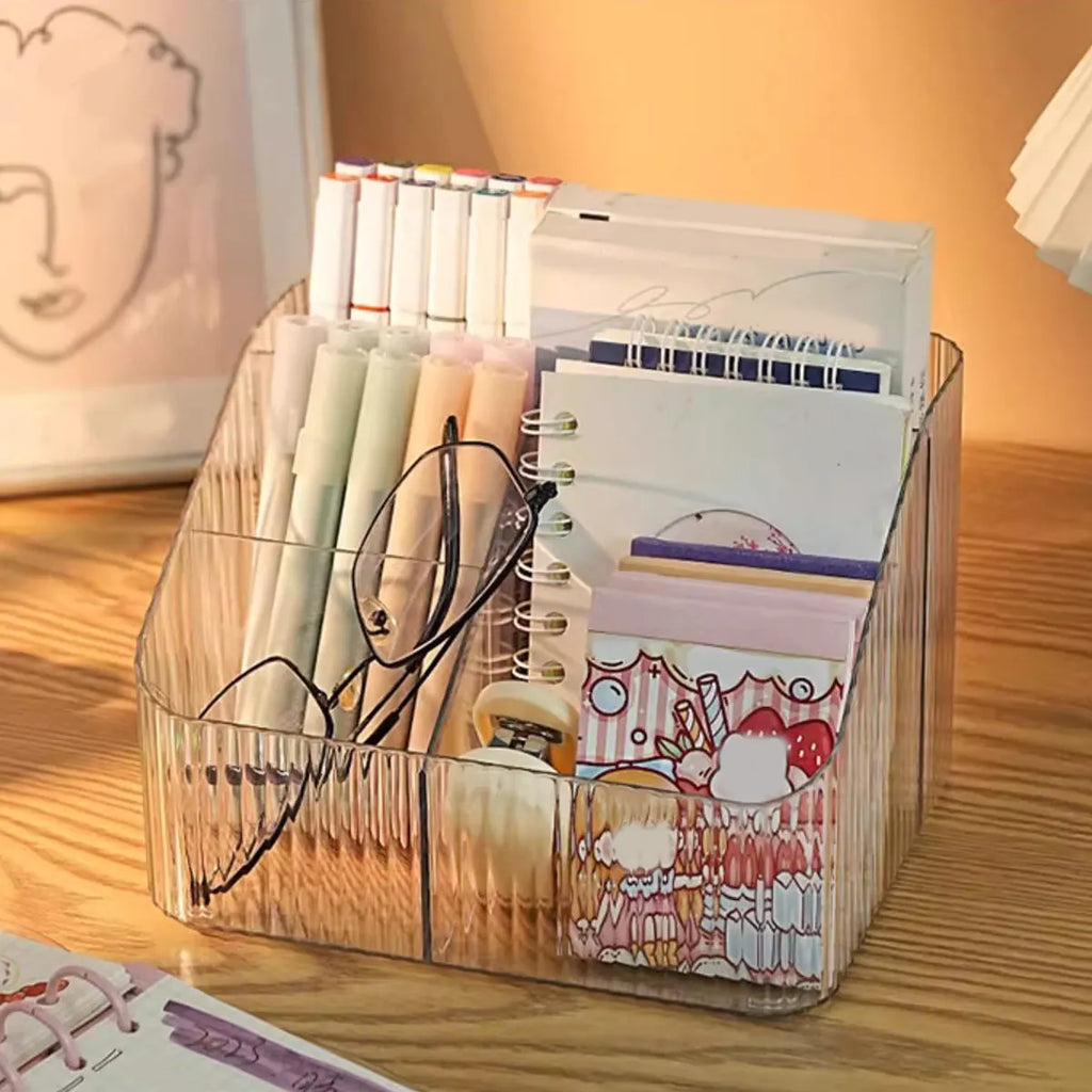 1pc Transparent Desktop Storage Box for Home Use, with Compartments, Remote Control, Makeup Brush Organizer Oasis Select