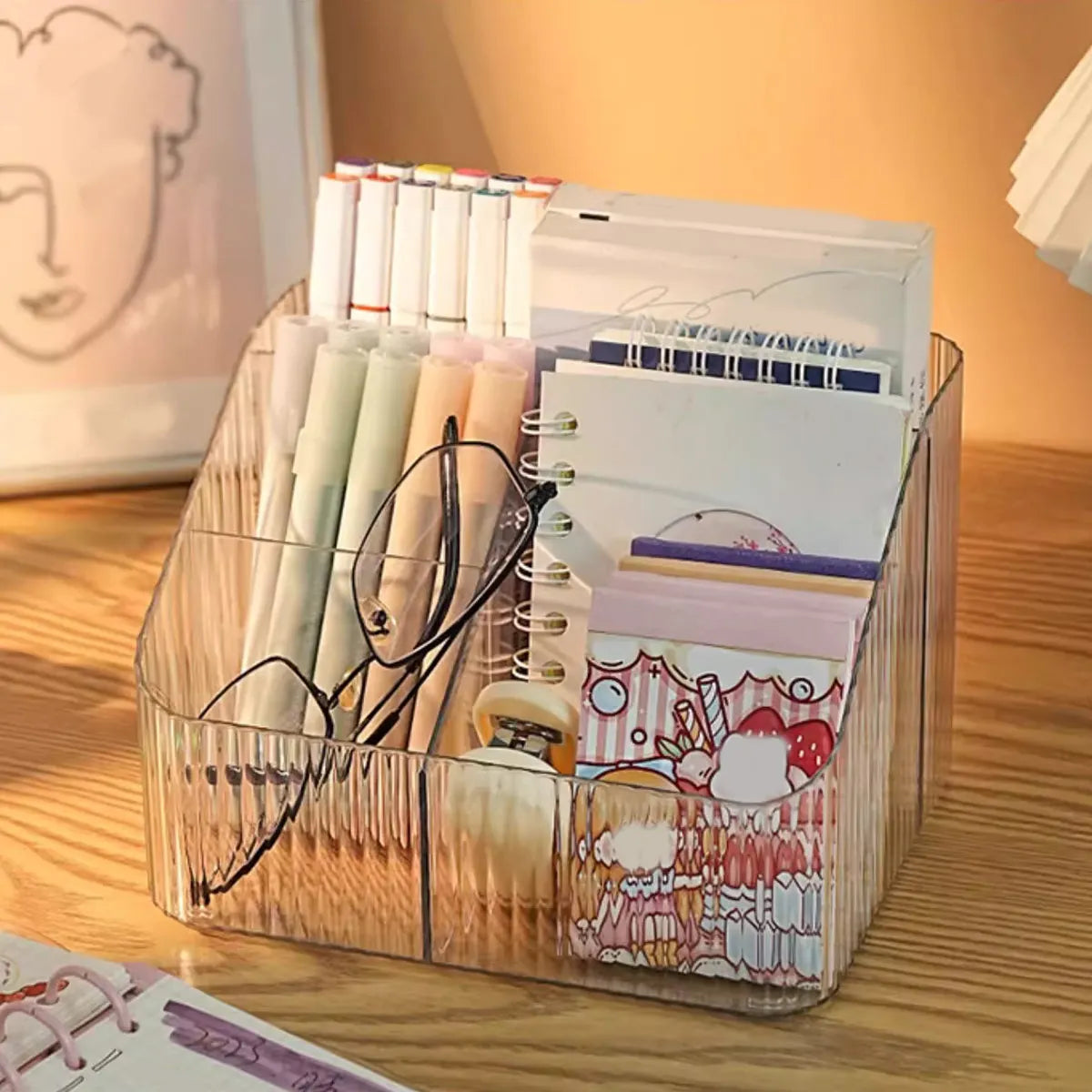 1pc Transparent Desktop Storage Box for Home Use, with Compartments, Remote Control, Makeup Brush Organizer Oasis Select