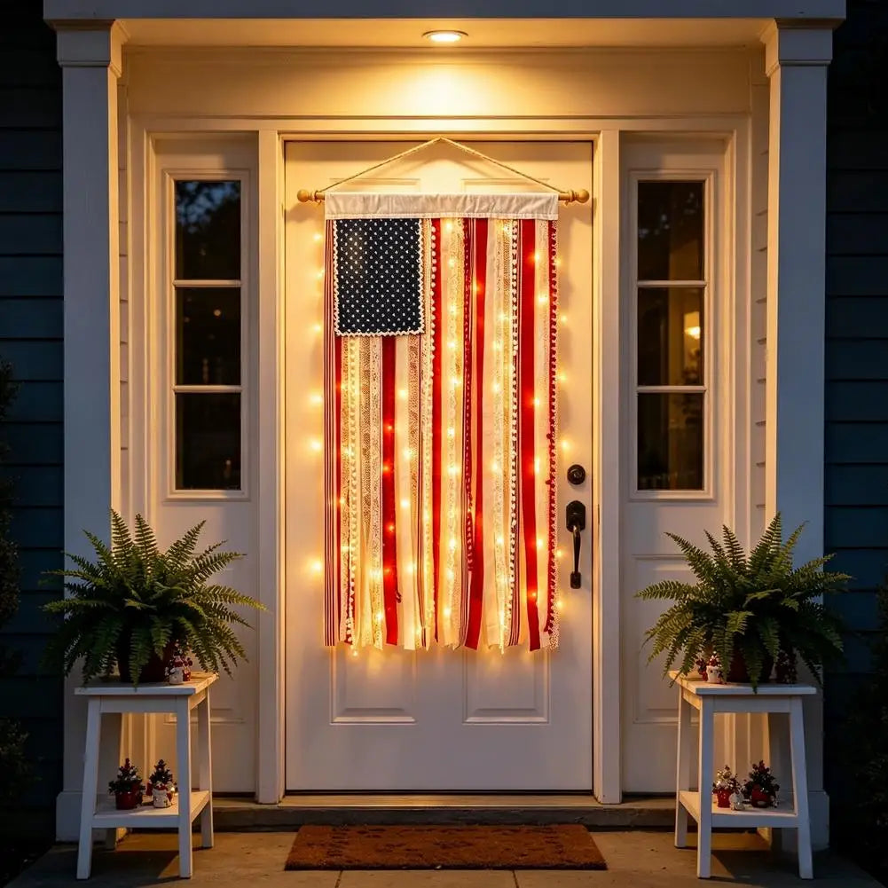4th of July USA Flag Fringe Banner with LED Lights – 50"×27"