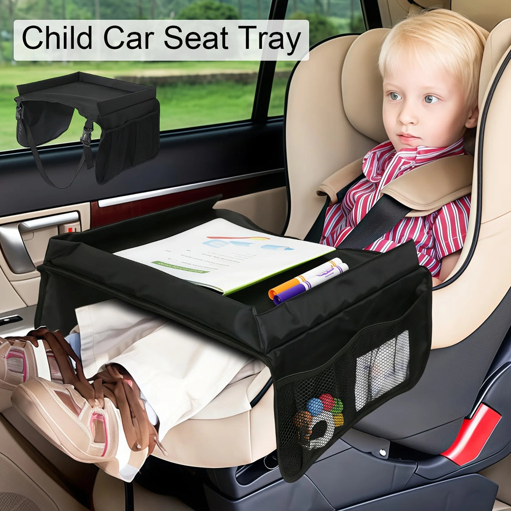 Foldable & Expandable Car Seat Travel Tray with Multiple Storage Pockets - Lightweight, Wall-Mountable Design for Airplane, Car Oasis Select