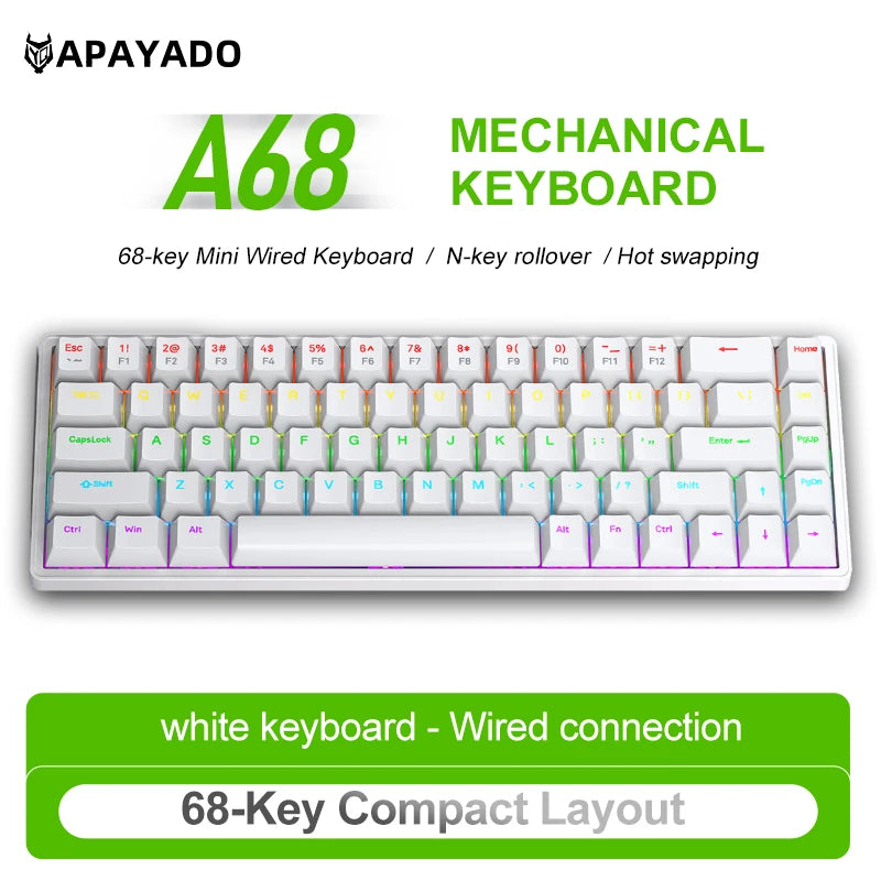 APAYADO A68 Hot-Swappable Mechanical Keyboard, 68-Key Compact, RGB Backlight, Blue/Red Switch Options, NKRO for Gaming Oasis Select White Red Switch