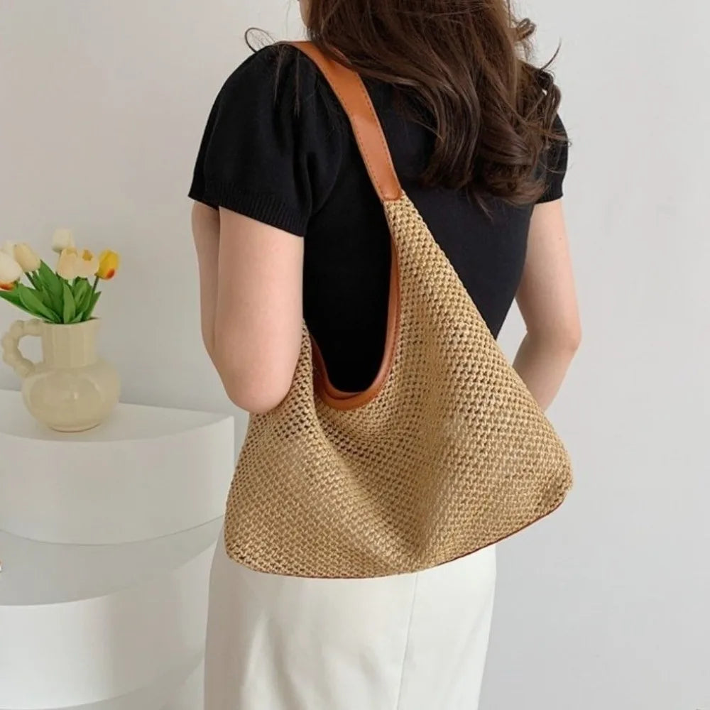 Fashion Solid Color Weave Straw Bag Bohemian Style Large Capacity Beach Handbag Bucket Bag Handmade Shoulder Bag Summer Oasis Select