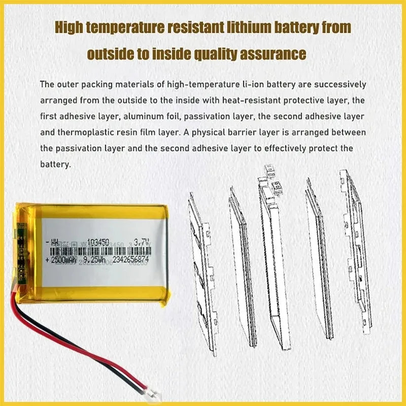 103450 3.7V 2500mAh Polymer Lithium Rechargeable Battery JST PH 2.0mm 2Pin Plug for Camera GPS Navigator MP5 Bluetooth Headset Oasis Select