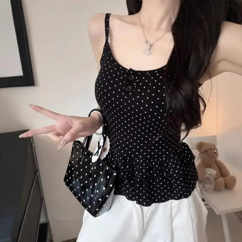 Women Clothing Summer Fashion Casual Polka Dot Solid Color Sling Ladies Fashionable Appear Thin Slim Young Style Tops Oasis Select