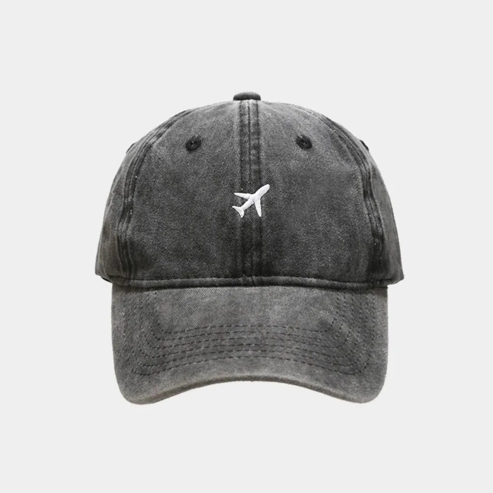 Washed Cotton Airplane Embroidered Baseball Cap Hip Hop Adjustable Peaked Cap Distressed Sunscreen Plane Dad Hat Oasis Select Black