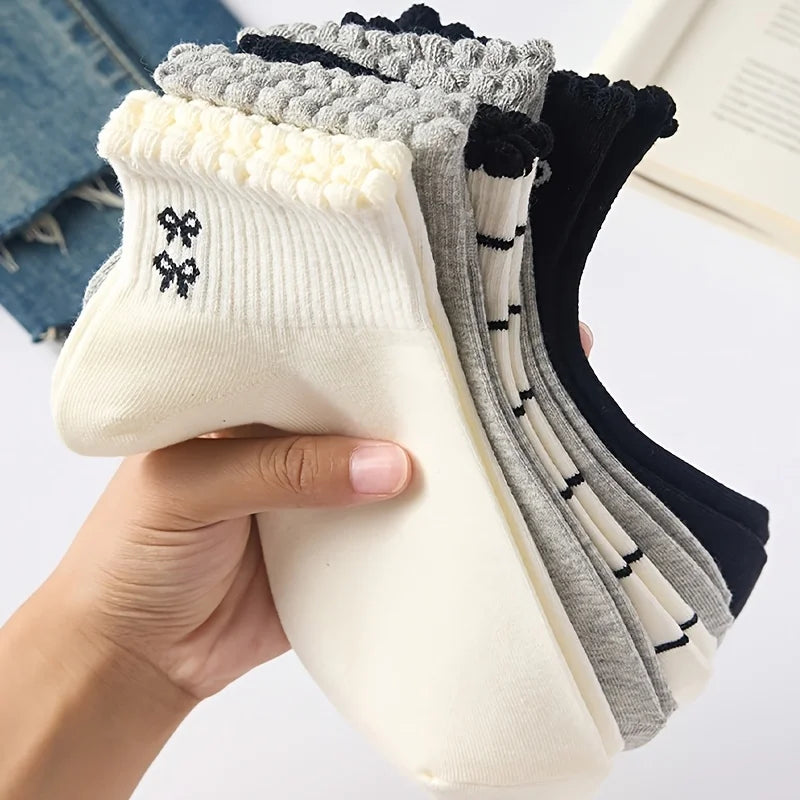 5 Pairs of Cute Breathable Striped Butterfly Bow Polka Dot Pattern Short Invisible Socks for Women, Suitable for Daily Wear Oasis Select