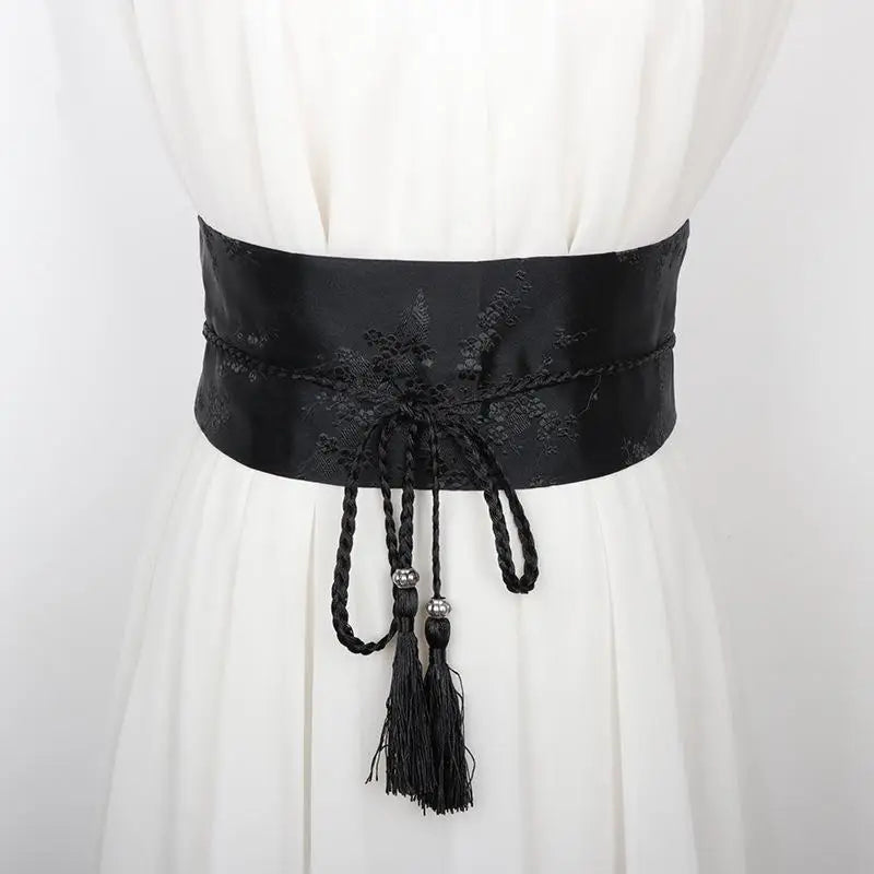 Vintage Floral Embroidered Waistband For Women Elegant Chinese Style Bow Tie Wrap Around Belt With Tassels For Dress Clothing Oasis Select G