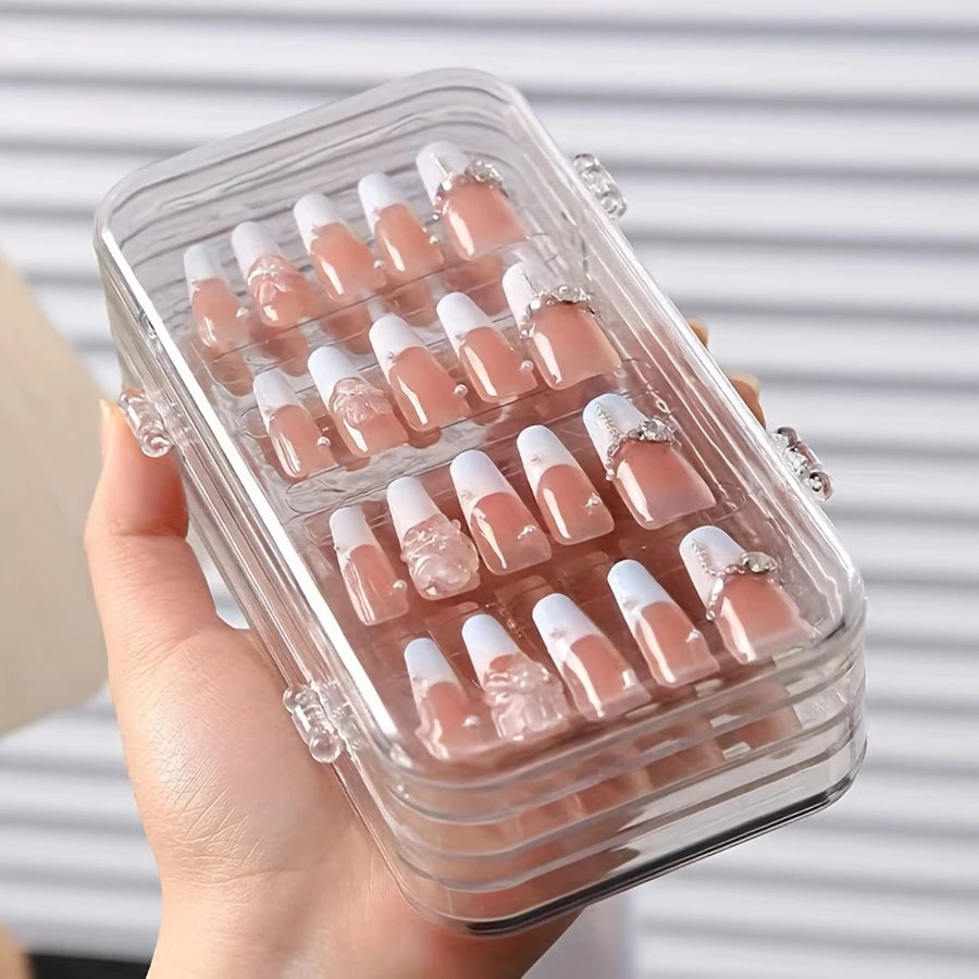 Nail Art Storage Box, Nail Accessories Transparent Display Storage Box, 3 Tier Foldable Nail Storage Box Set, for Press on Nails Oasis Select