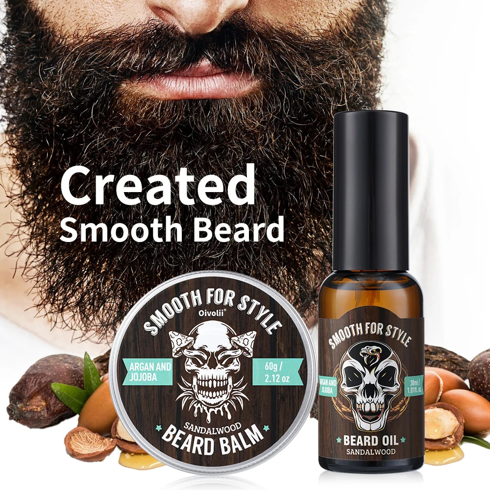 Sandalwood Beard Care Set: Oil & Balm with Argan Oil. Strengthens, hydrates, softens, adds luster. Sandalwood scent. Perfect gif Oasis Select