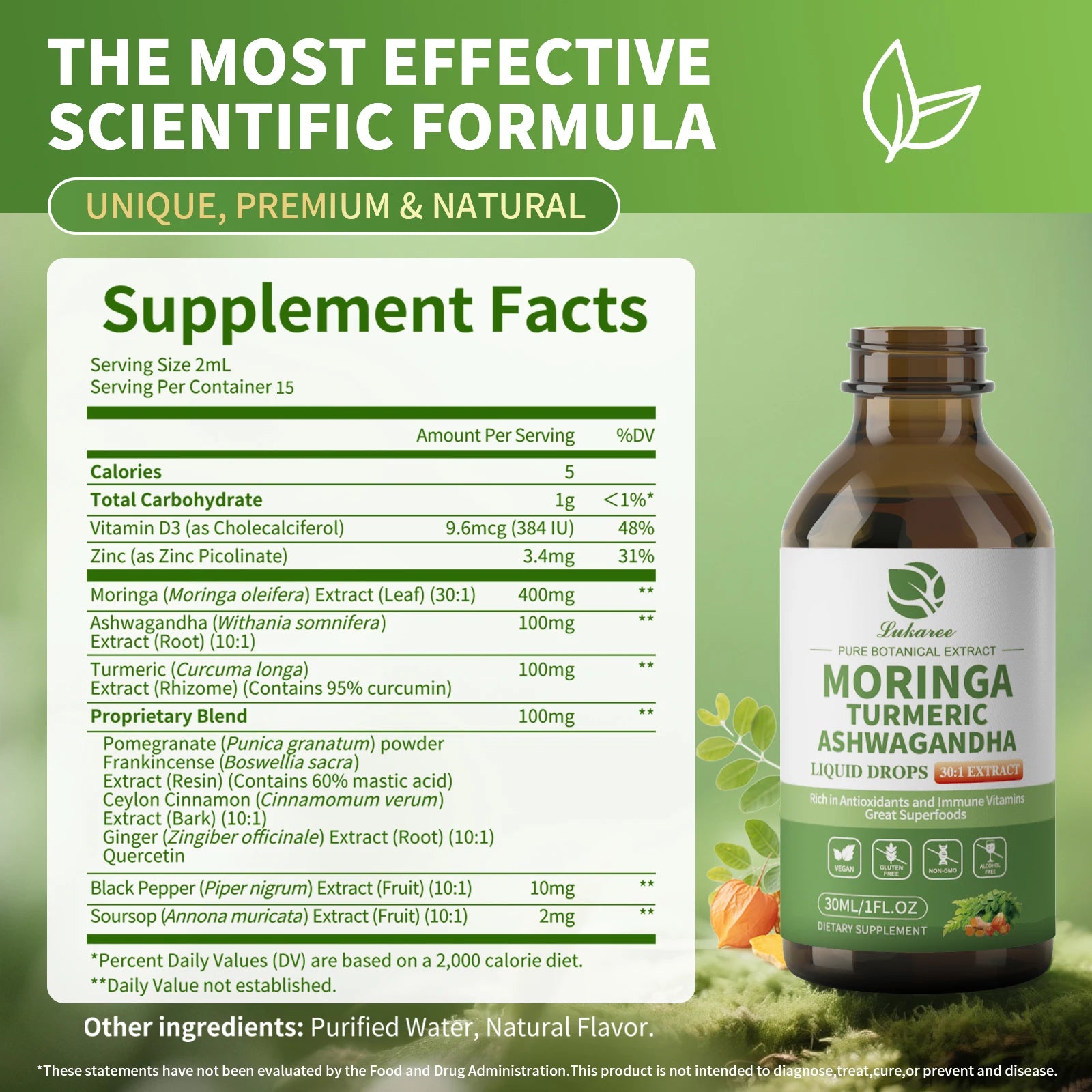 12-in-1 Organic Moringa Drops with Ashwagandha Turmeric Quercetin for Energy Immune Joint Digestive Metabolism, Vegan Non-GMO Oasis Select