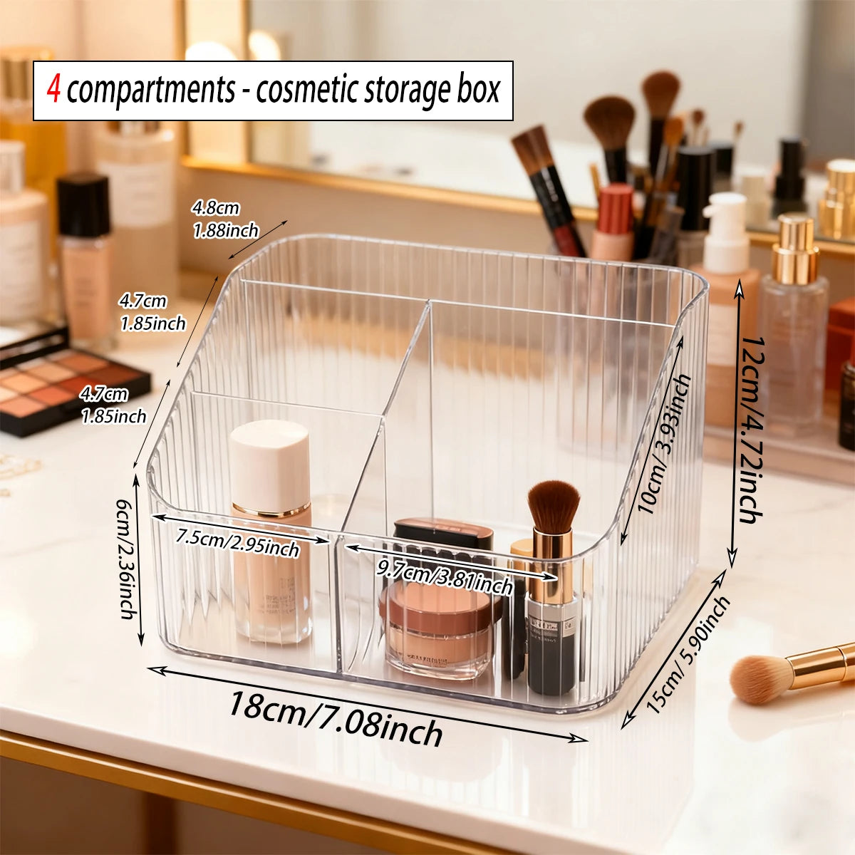 1pc Vertical Pattern 4-Grid Transparent Acrylic Cosmetics Storage Box Suitable for Bathroom Accessories andOffice Desk Organizer Oasis Select transparent