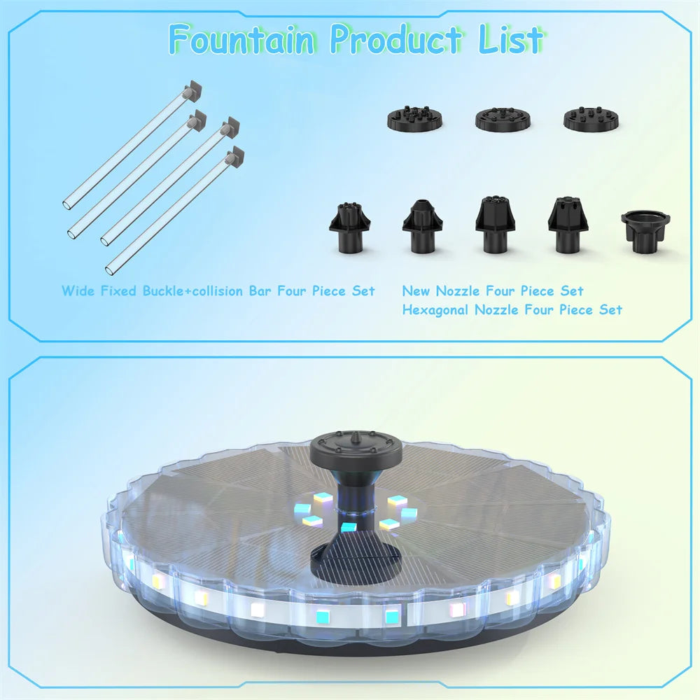 3.5W Solar Fountain 1800mAh Battery Solar Water Pump with Colorful LED Lights&8 Nozzles Suitable for Bird Bath Garden Pond Oasis Select 3.5W with led