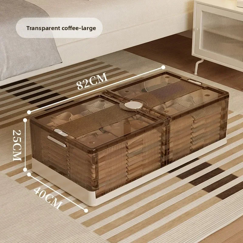 Folding storage ******der the bed Plastic transparent extra large roller dustproof storage box Clothes quilt finishing box Oasis Select Big coffee
