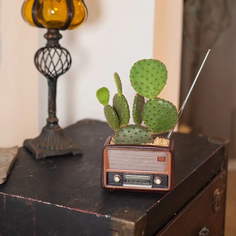Retro Radio Design Resin Flower Pot Stylish Multipurpose Planter Artistic Home Desktop Plant Decor Ornament Oasis Select