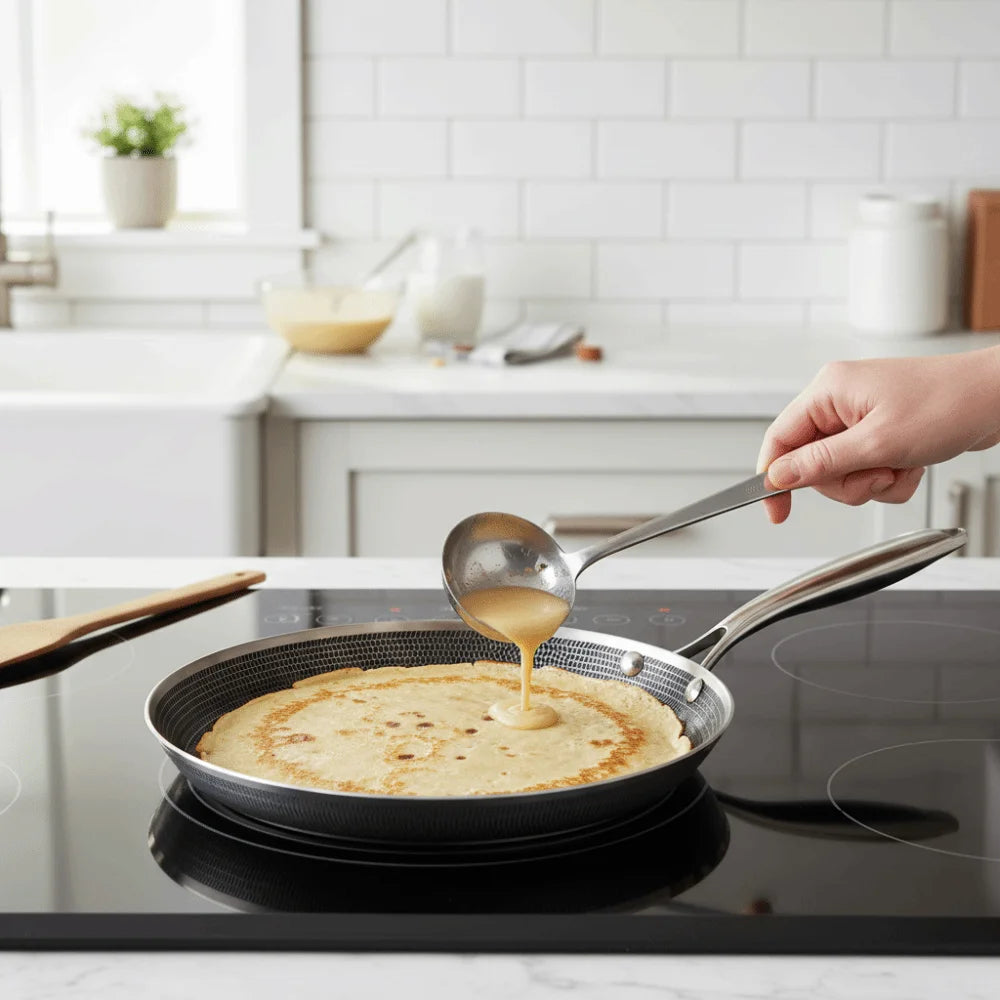 Universal Honeycomb Pattern Crepe Pan Ergonomic Handle Stainless Steel Pancake Pan Evenly Heated Flat-bottomed Frying Pan Stove Oasis Select