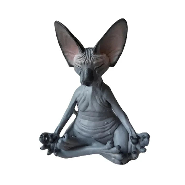 Meditating Hairless Cat Figurine Yoga Sphynx Animal Statue Relax Style Mini Ornament for Desk Living Room Decoration Oasis Select black- 8cm
