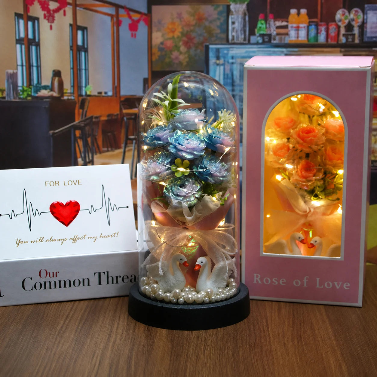 Glass Dome Ornament Handmade Decorative Flower Wreath Preserved Rose Bouquet Dust-Free Led Glowing Night Light For Valentine'S Oasis Select Gradient Blue Purple
