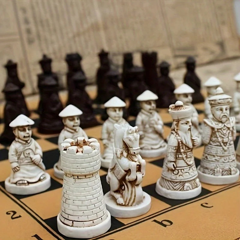 Vintage Chess Set PU Leather Board 3D Carved Resin Pieces Creative Soldier Statue Classic Strategy Game Ideal for Birthday Gifts Oasis Select