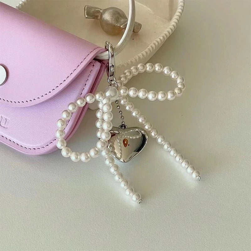 Delicate Beaded Key Chain Handmade Pearl Bow Shaped Pendant Keyring Heart Keychain Ornament Pearl Decoration For Bags Phones Oasis Select
