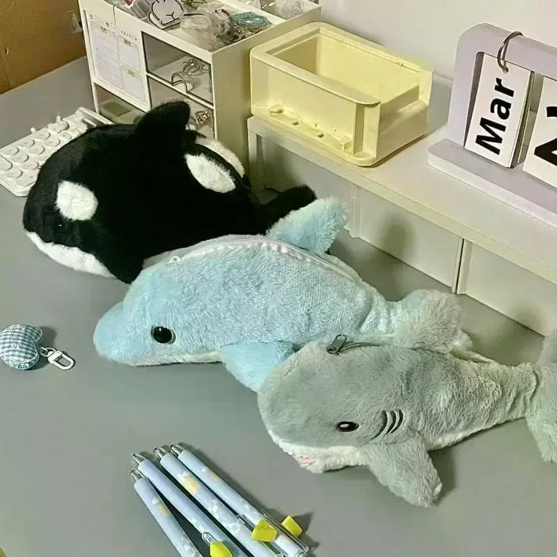 1Pcs Student Stationery Cute Plush Dolphin Shark Pencil Case School Supplies Kawaii Doll Back To School Storage Bag Pen Bag Oasis Select