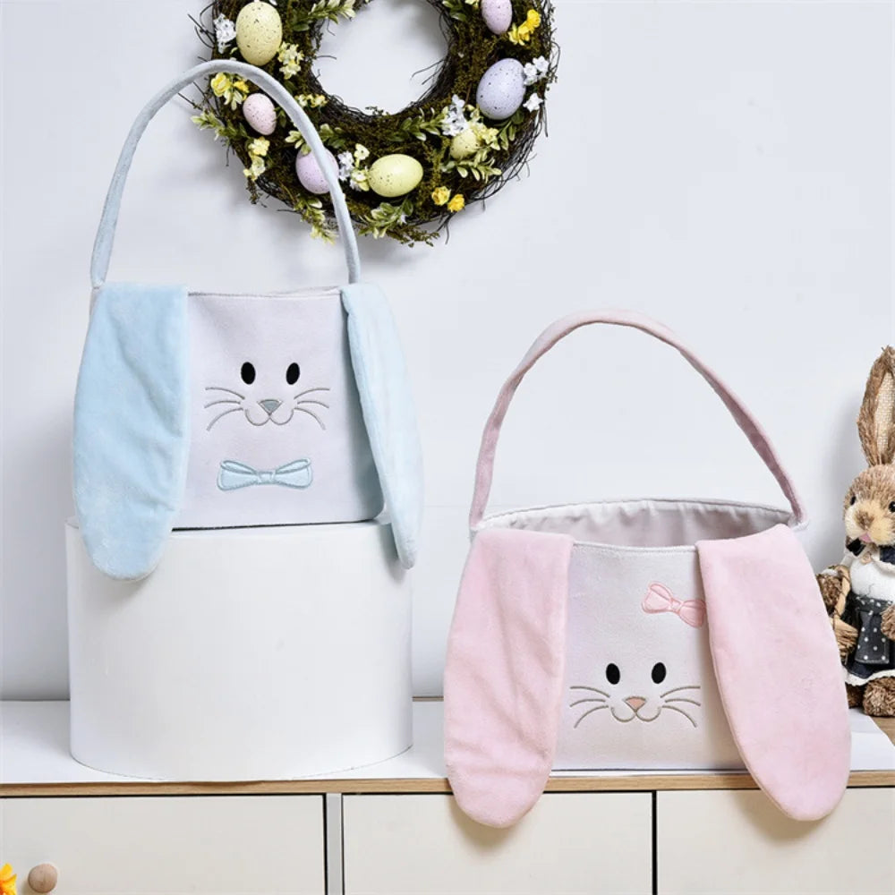 Cute Plush Easter Basket Rabbit Ear Candy Bag with Handle Bunny Storage Bucket Easter Egg Decorations Handbag Gift Bag Oasis Select