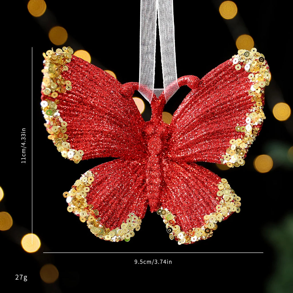 Red Glitter Christmas Tree Pendant – Gold Sequins & Snowflake