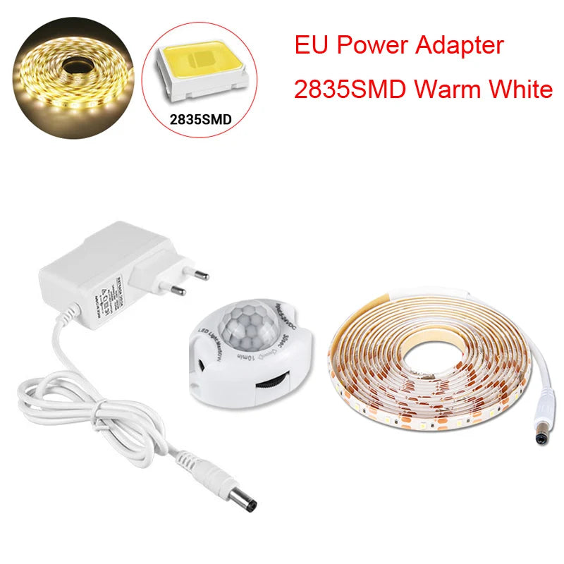 1-5M PIR Motion Sensor Strip Lights DC12V Waterproof LED Under Cabinet Lamp For Bedroom Kitchen Closet Stairs Bedside Nightlight Oasis Select EU Set Warm White 3M