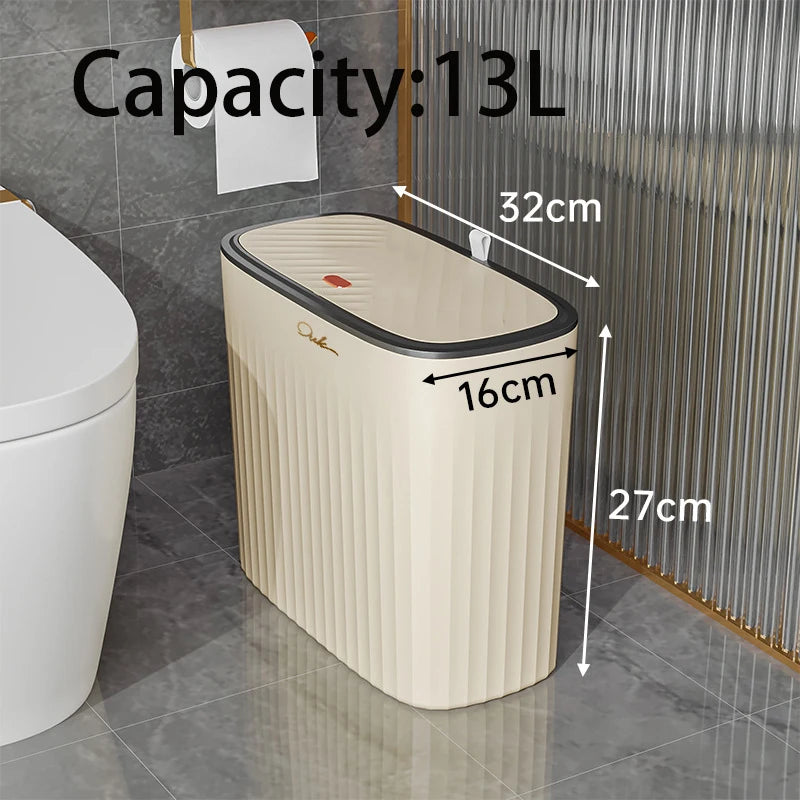 Narrow Shape Press Ring Trash Can with Lid for Bathroom Gap, Highlighting the Features of Garbage Classification Oasis Select style B beige 13L