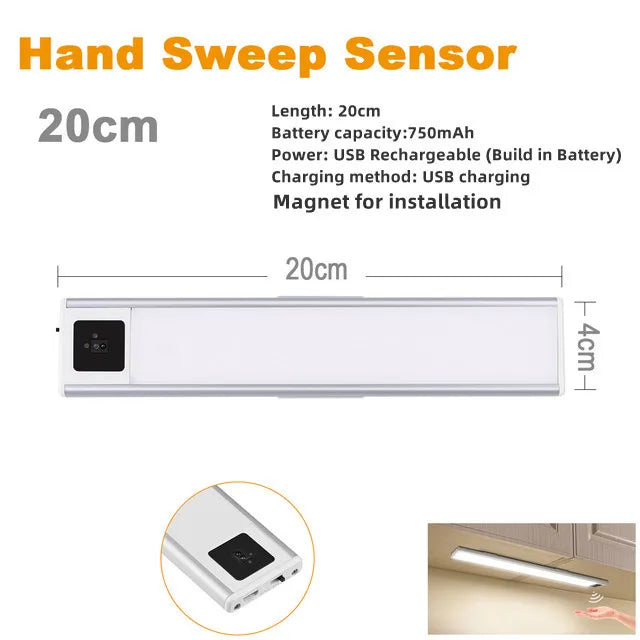 USB Rechargeable Bar Light Hand Sweep Sensor/PIR Motion Induction Kitchen Stair Hallway Night Lighting 20cm/40cm Magnetic Mount Oasis Select Warm White 20cm Hand Sweep