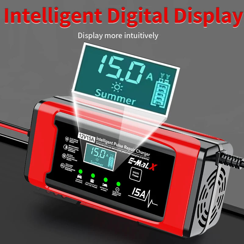 12V 15A Smart Pulse Repair Charger 14.6V Lifepo4 Battery Charger Digital Display Battery Charger For Lead Acid AGM GEL Battery Oasis Select