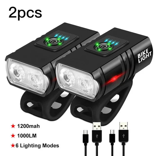 Bicycle Light 2T6 LED Front USB Rechargeable Mountain Bicycle Lamp 1000LM Bike Headlight Flashlight Cycling Accessories Tail Oasis Select 2pcs