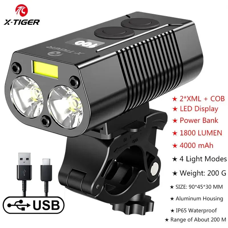 X-TIGER Bike Light Rainproof With Power Bank Rechargeable LED Lamp 4000mAh MTB Front Lamp Headlight Aluminum Bicycle Light Oasis Select Headlight