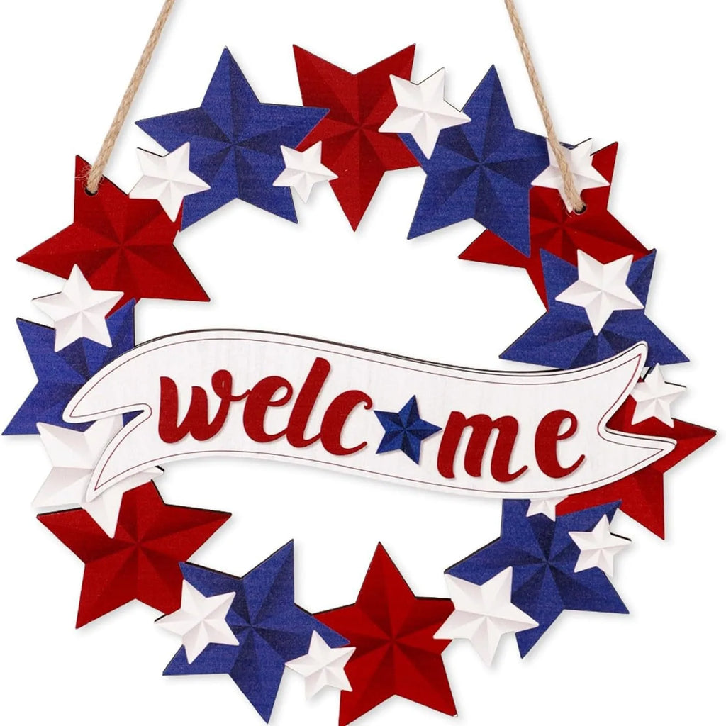Independence Day Wooden Front Door Welcome Star Garland - Wooden Red, White and Blue Star Sign Door Plate Decoration Oasis Select Garland of stars