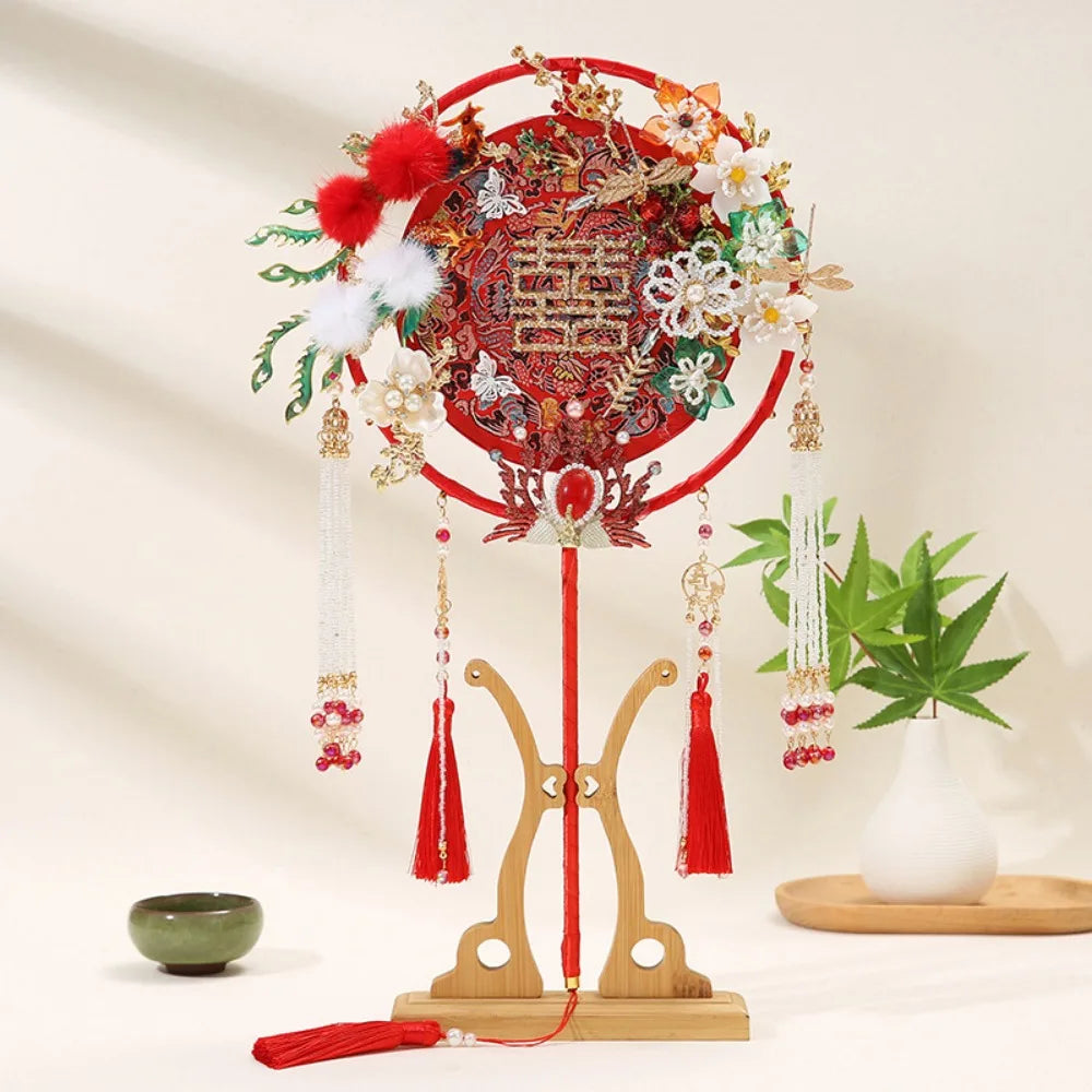 Handmade Chinese Bridal Fan – Silk Tassel & Flower Wedding Fan