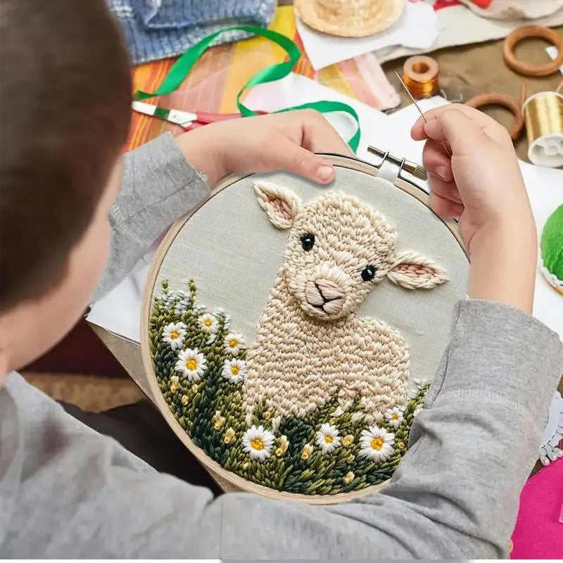 Punch Needle Kit Stitching Sheep Pattern Punch Embroidery Kit Arts and Crafts with Threader Instruction Fabric Hoop Yarn Oasis Select