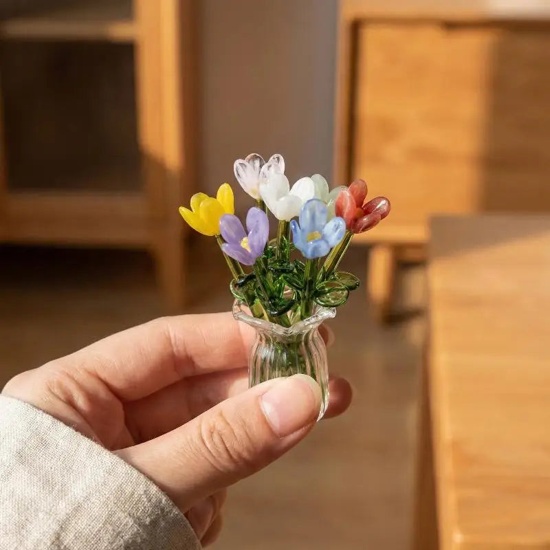 6/7Pcs Mini Lifelike Glass Flowers Simulation Flowers Handcrafted Floral Sculpture Floral Bouquet With Vase Home Decoration Gift Oasis Select