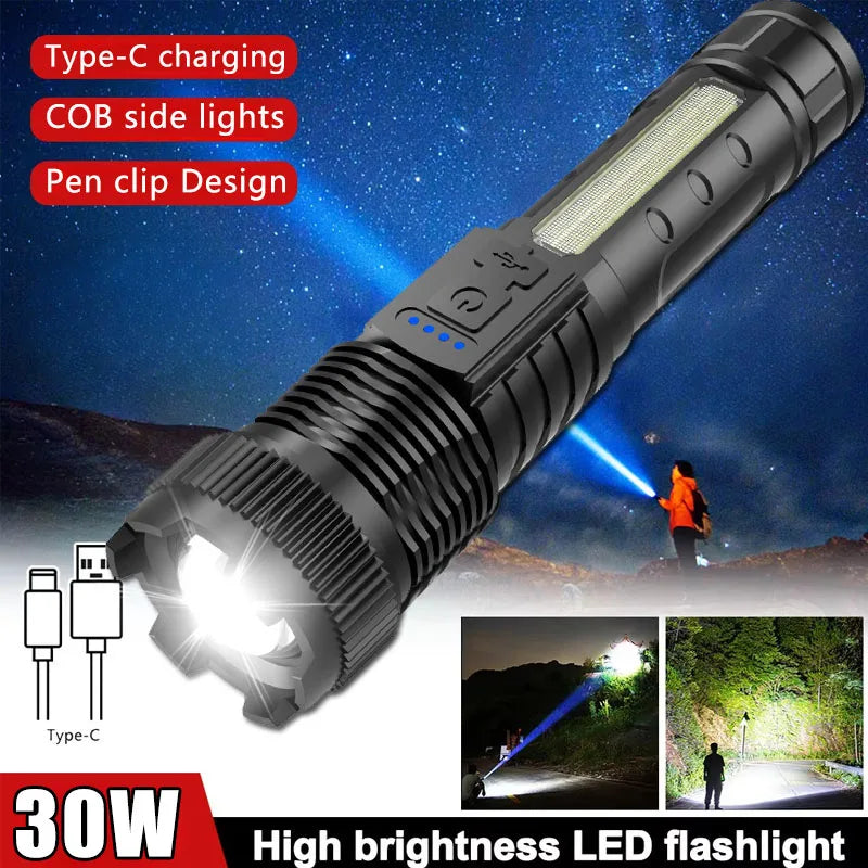 Powerful LED Flashlights Type-c Rechargeable Telescopic Zoom Tactical Torch Built-in Battery for Camping Emergency Lamp Oasis Select