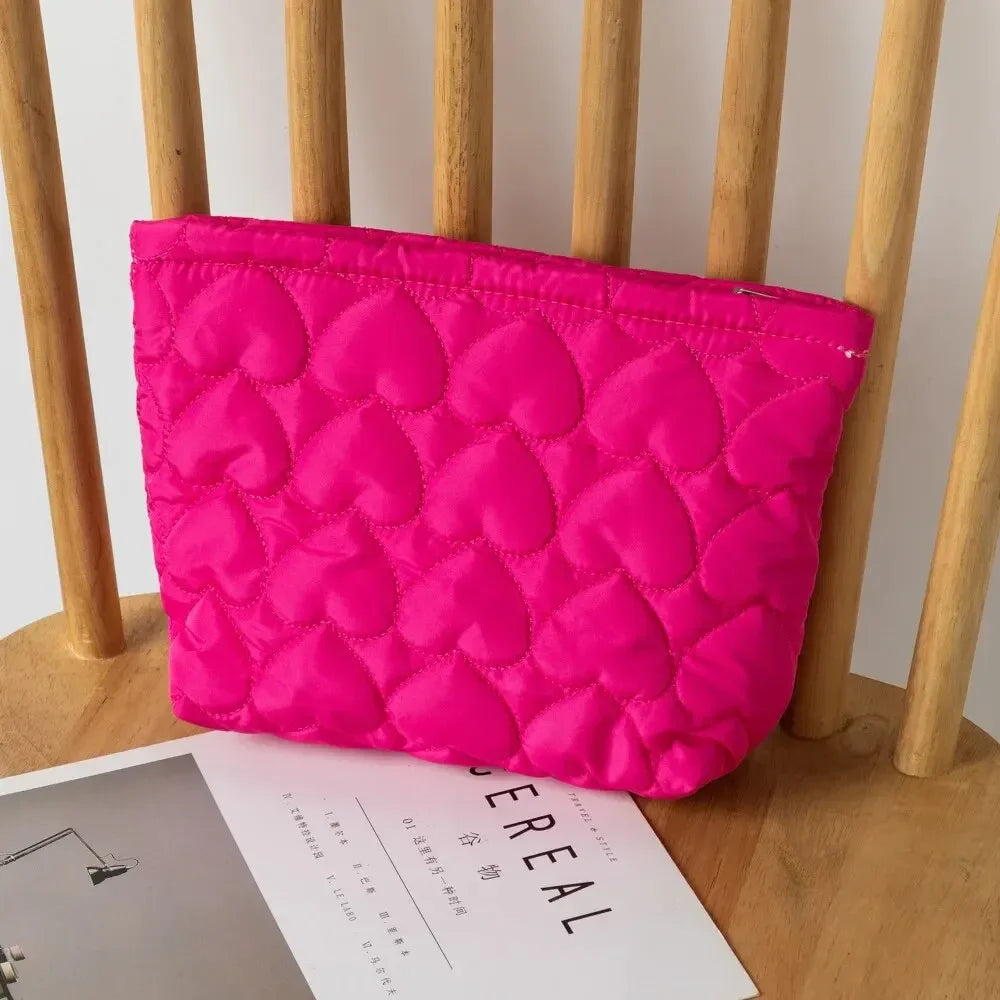 Fashion Korean Large Capacity Cosmetic Bag Women Soild Heart Quilting Handbag Portable Travel Lipstick Makeup Storage Bags Oasis Select Rose red