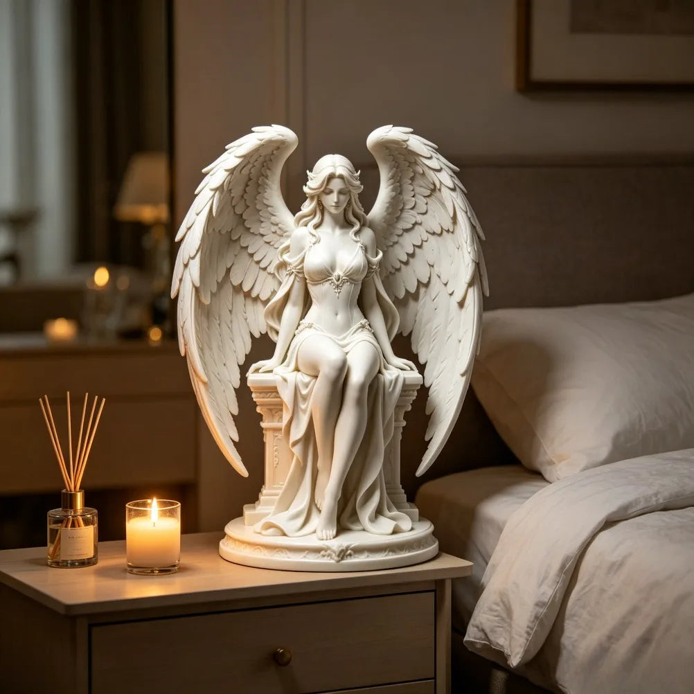 Graceful Sitting Winged Goddess Sculpture Neoclassical 3D Printing Angel Figurine Layered Feather Wings Tabletop Decor Oasis Select