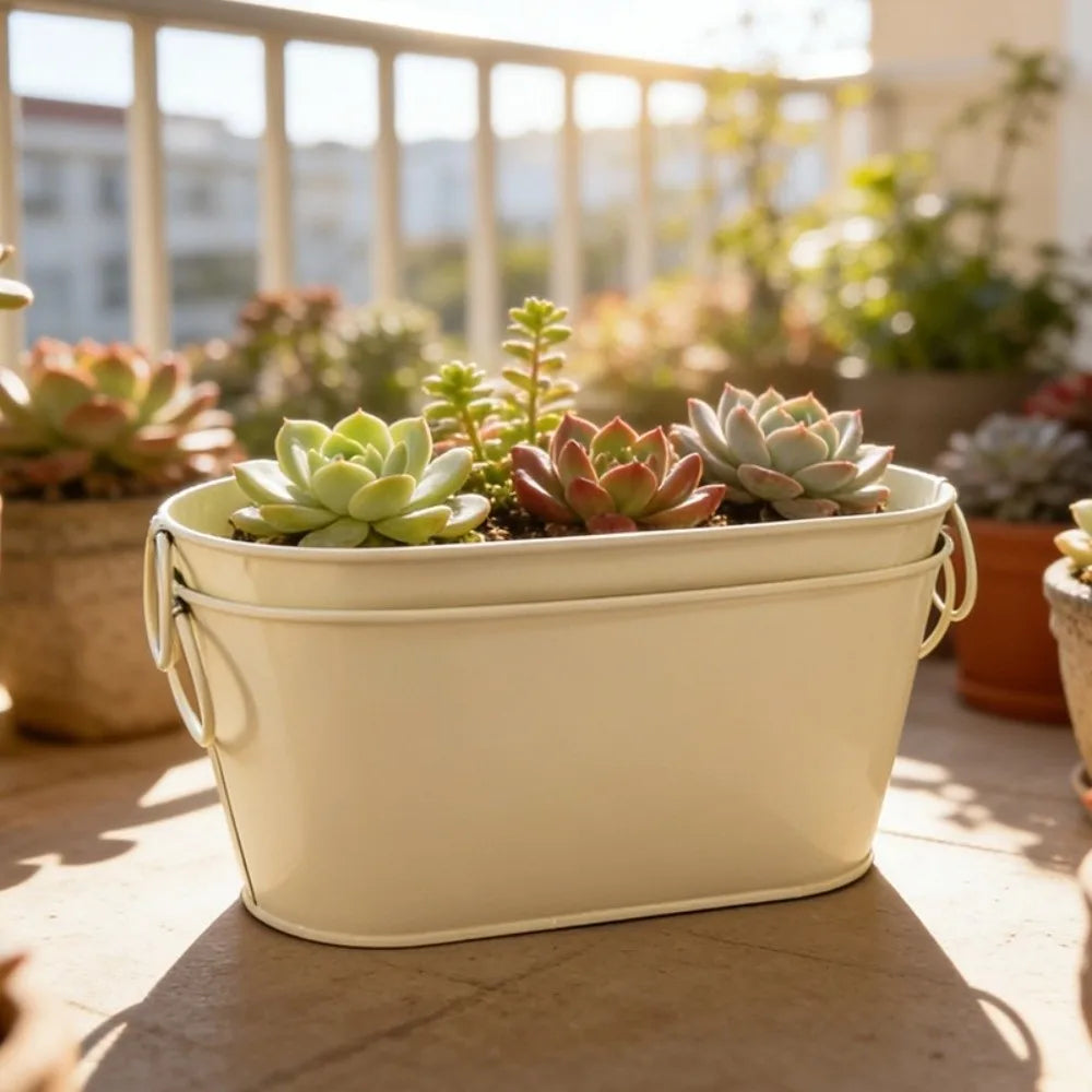 Simple Rustic Iron Flower Pot with Drainage with Handle Flower Container Vintage Plant Pot Indoor Plants Oasis Select