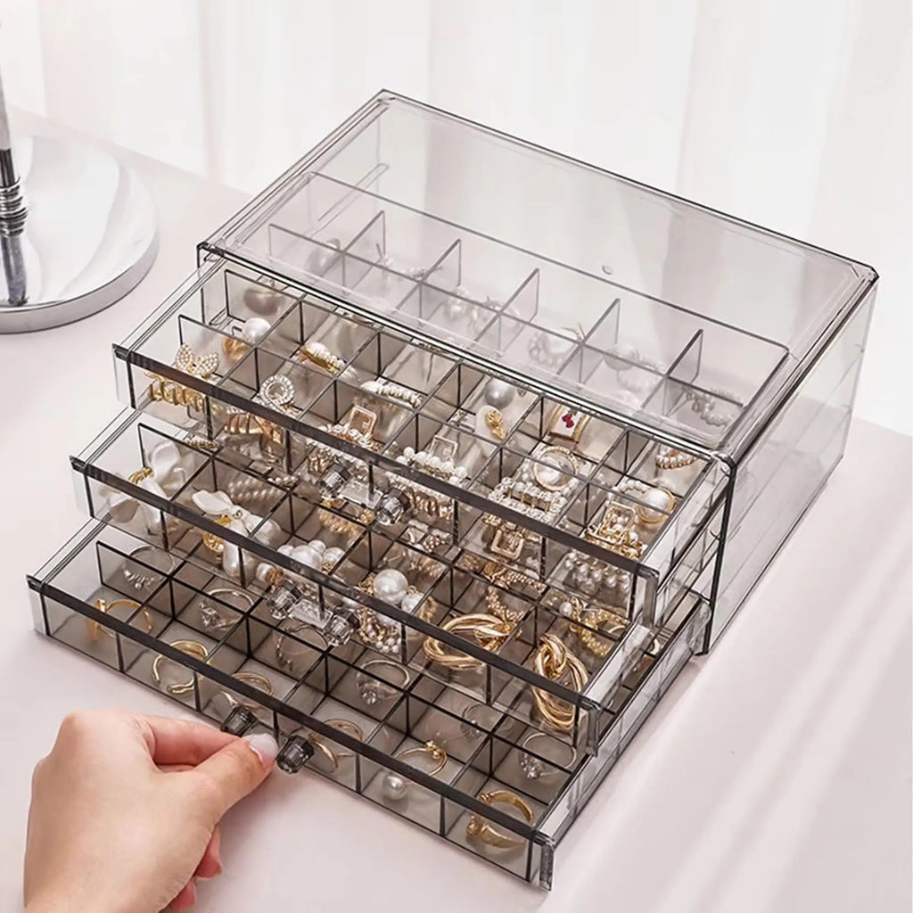 Multi-Compartment Jewelry Storage Box, Acrylic Transparent Earrings Drawer Box With Three-Layer 72-Grid High-Capacity Portable Oasis Select