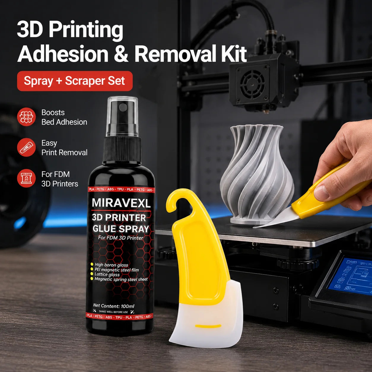 3D Printer Glue Spray&Scraper Set – Quick-Drying, Strong Adhesion Surface Spray with 3D Printing Scraper Tool for FDM/SLA Prints Oasis Select