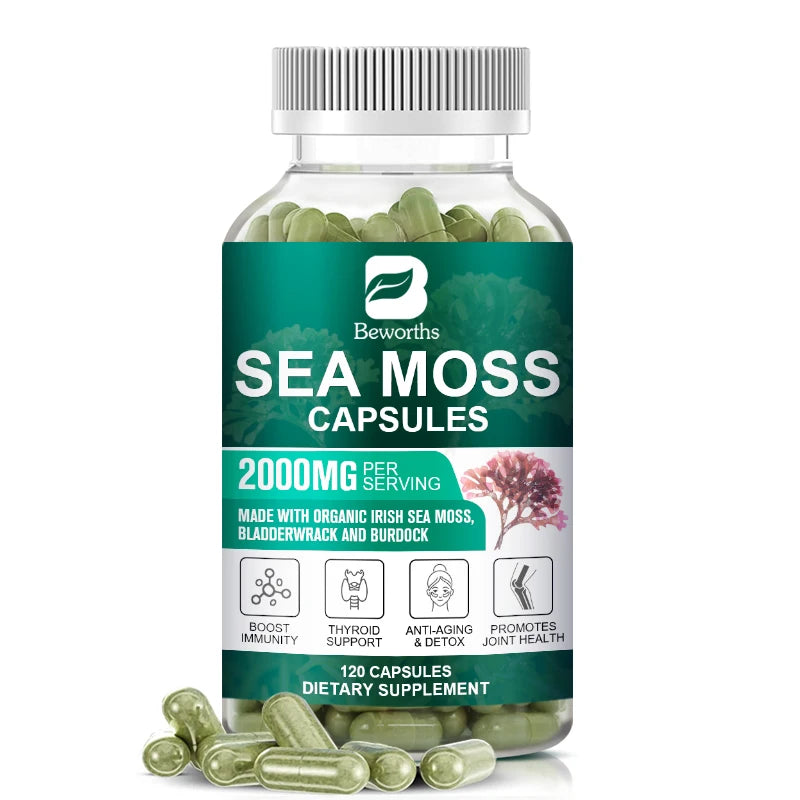 BEWORTHS Organic Sea Moss Pill for Intestinal Health & Immune Support Thyroid Support Skin, Joint Health Support Anti-Aging Oasis Select 120PCS United States