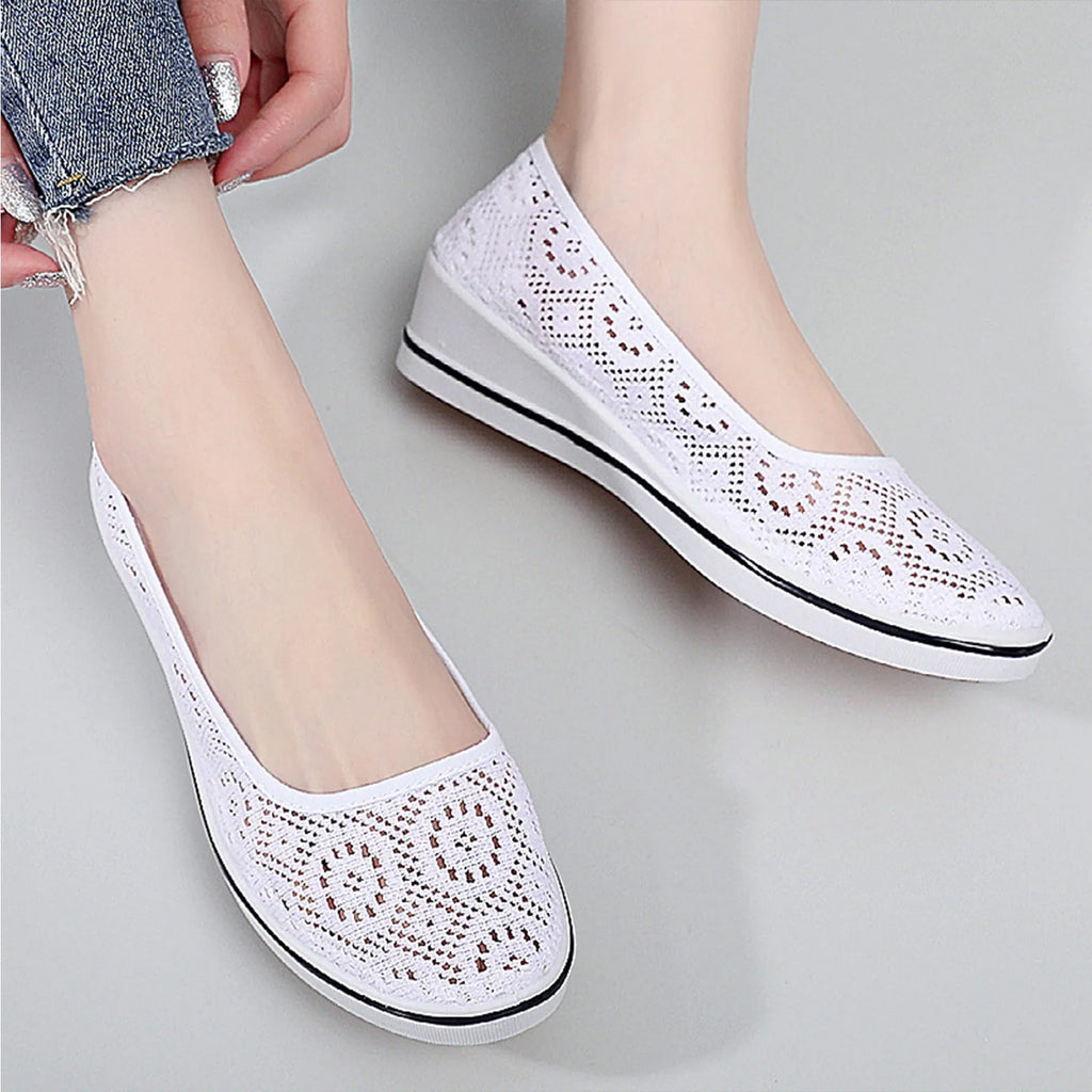 Women's Wedge Heel White Mesh Shoes Comfortable Non-slip Hollow Breathable All-match Work Beauty ShoesWhite Lace Hollow Breathab Oasis Select White 41
