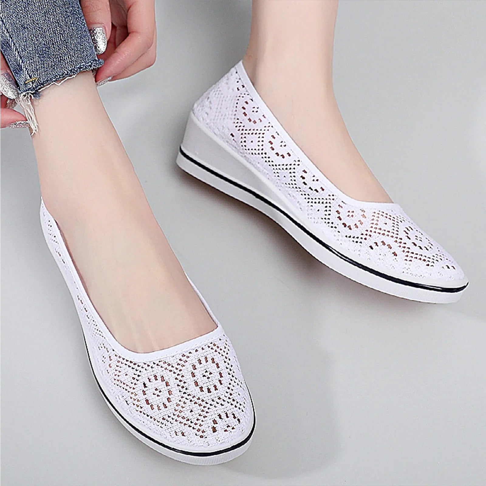 Women's Wedge Heel White Mesh Shoes Comfortable Non-slip Hollow Breathable All-match Work Beauty ShoesWhite Lace Hollow Breathab Oasis Select White 41