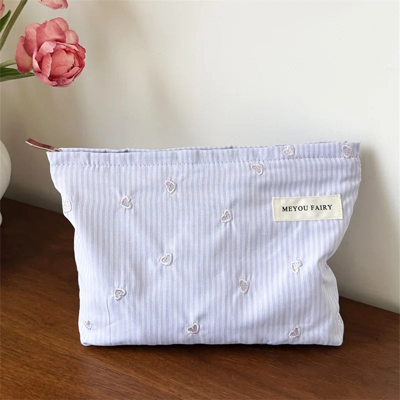 Fashion Women Bow Stripe Makeup Bag Portable Toiletry Lipsticks Cosmetic Storage Pouch Clutch Bag Ladies Organizer Handbag Oasis Select Purple B