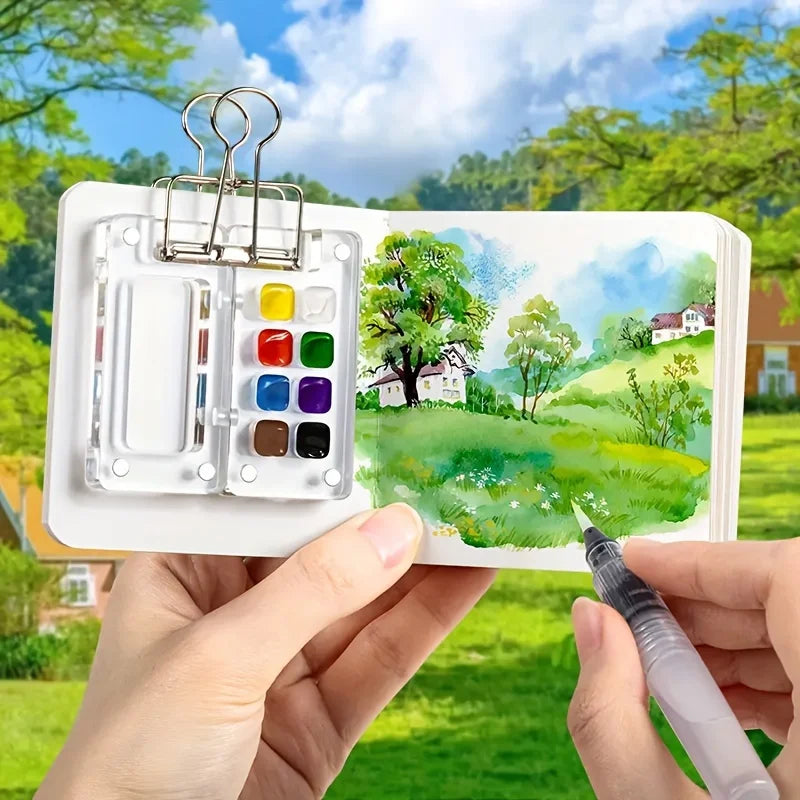 Portable Mini Watercolor Palette Set with Travel Sketchbook, Acrylic Paint Box for Outdoor Sketching & on-the-Go Art Creation Oasis Select